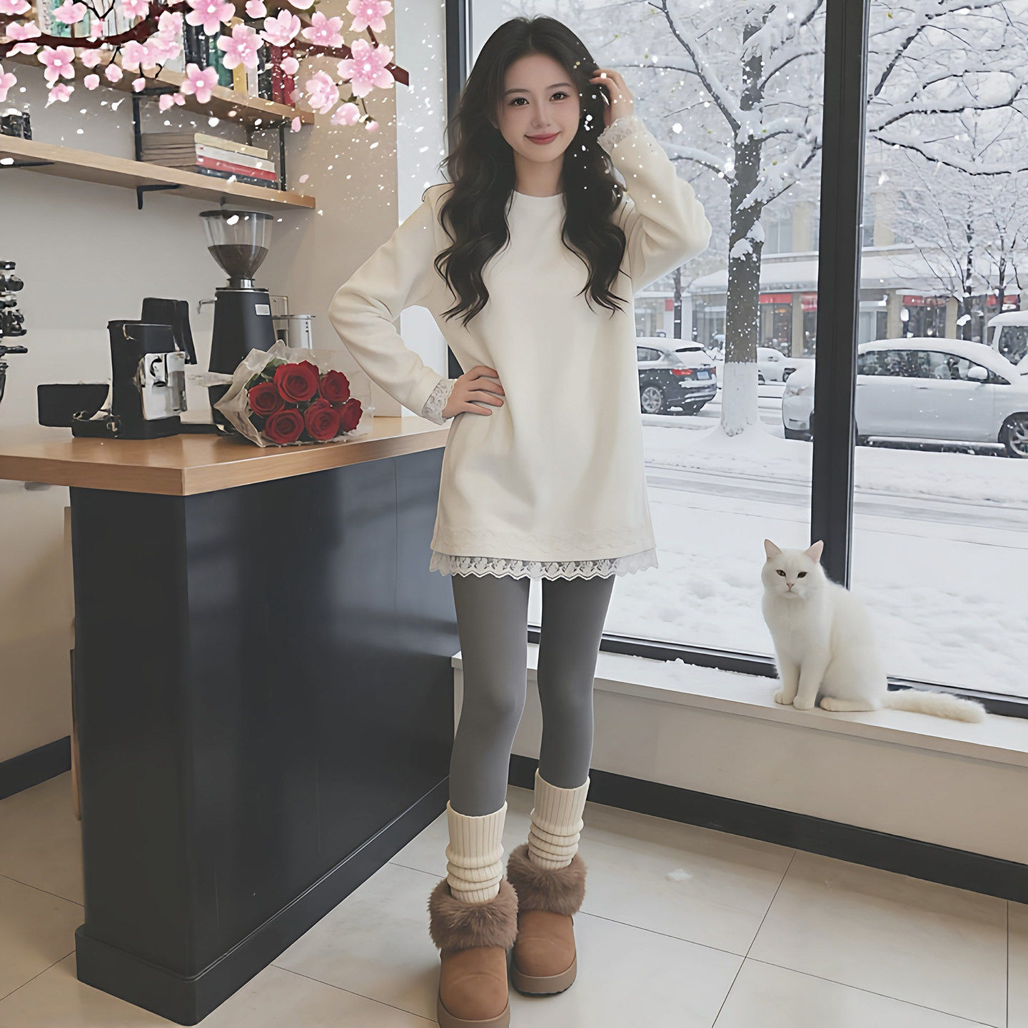 欧货加绒白色蕾丝拼接长袖T恤女2026新款秋冬宽松打底衫内搭上衣