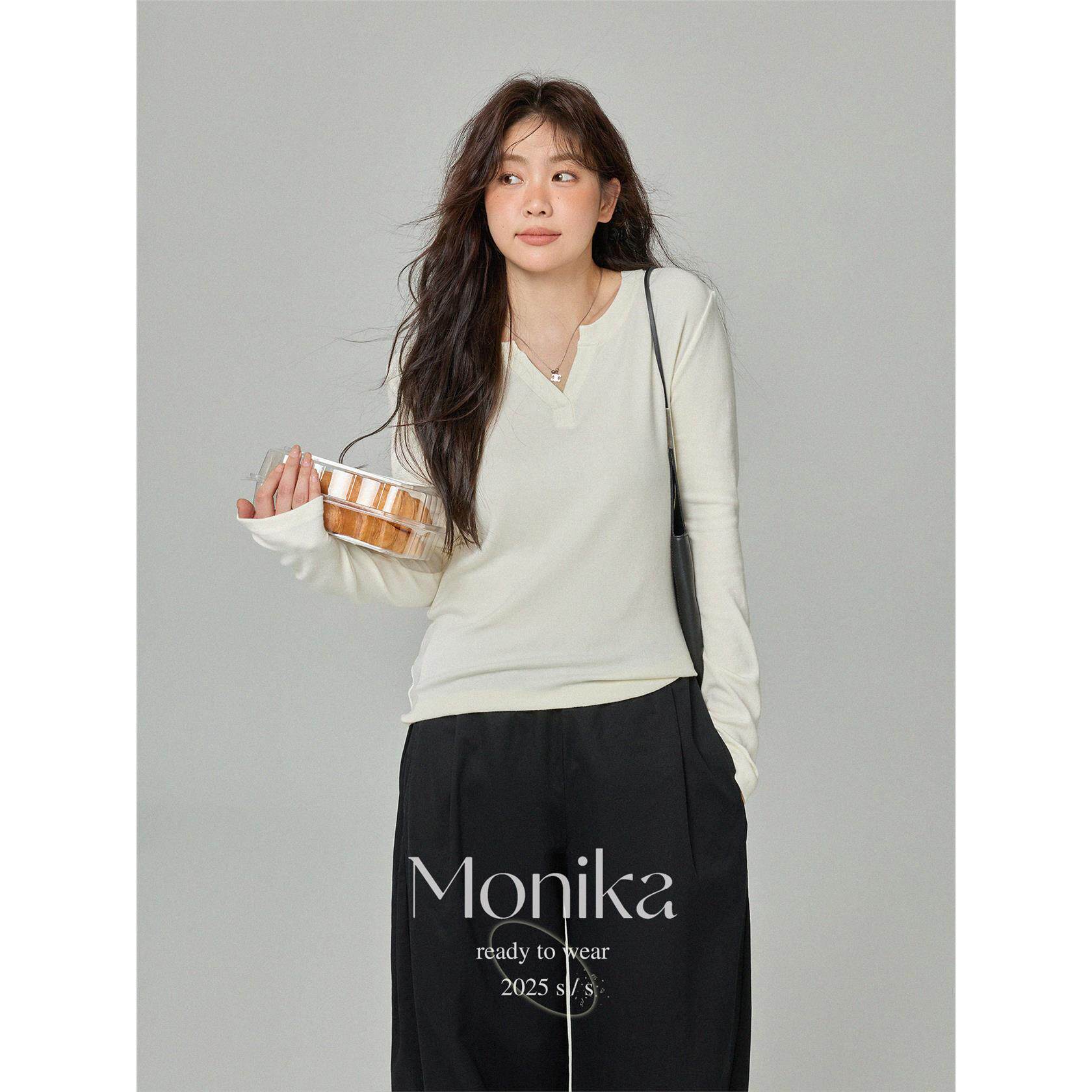 大码女装长袖V领收腰显瘦T恤秋季新款胖mm百搭白色修身打底衫上衣