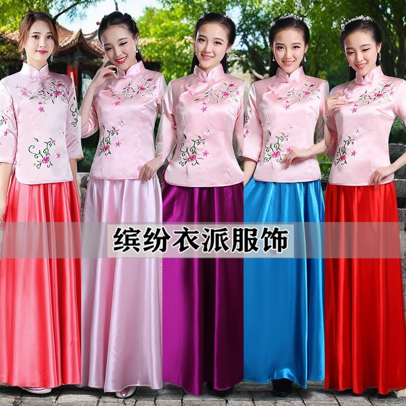 中式伴娘服闺蜜长裙毕业主持礼服唐装复古连衣裙大学合唱舞台服装