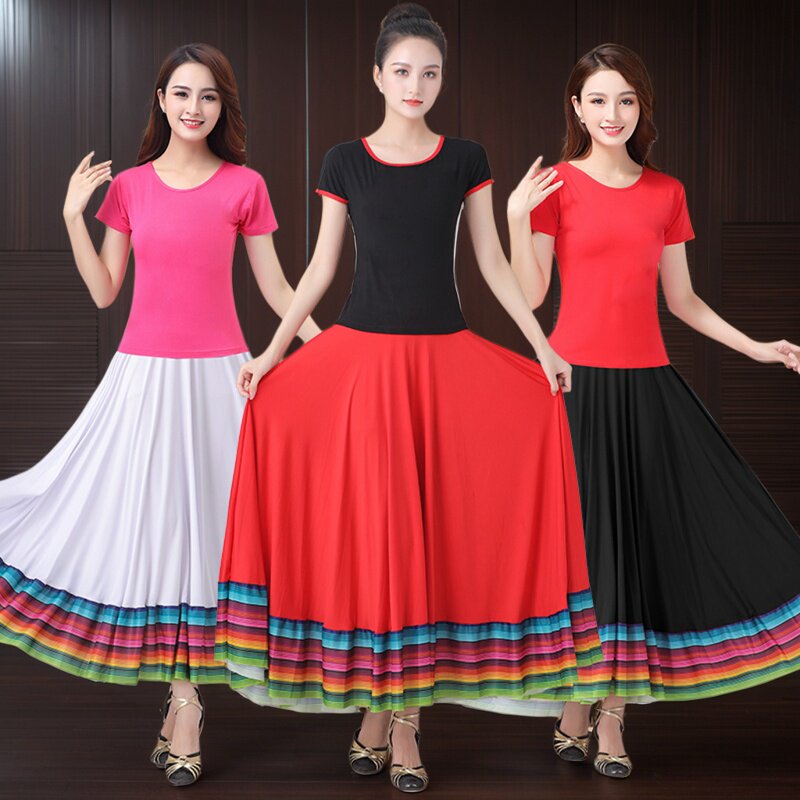 中老年人广场舞服装练功跳舞裙现代舞演出服套装夏短袖上衣半身裙