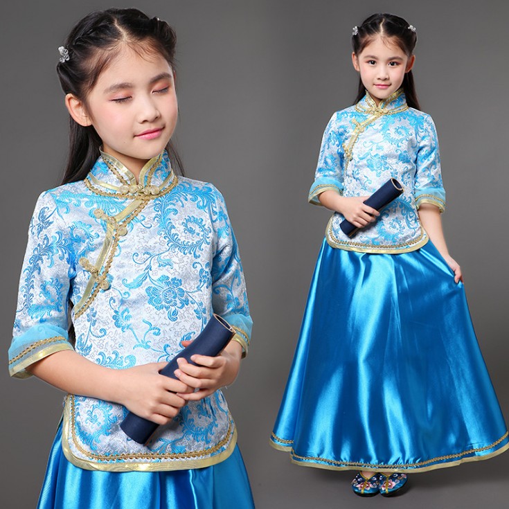 中国风儿童刺绣古筝笛子演出服民国女童唐装摄影写真服饰红色礼服