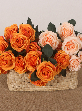 暖色活力橙色10头把束玫瑰花仿真花束高品质绢布家居摆设装饰假花