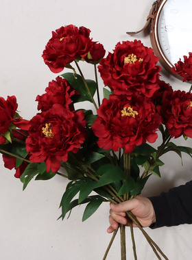 中式3头红色芍药牡丹仿真花 汉服搭配影楼拍照道具高品质绢布假花