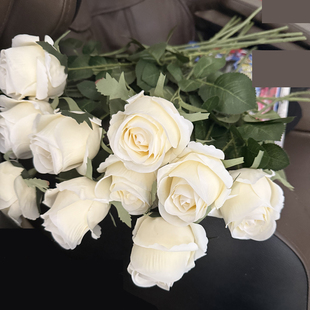 手札6头骄傲白玫瑰花仿真花束 旅拍影楼拍照道具半开含苞待放假花