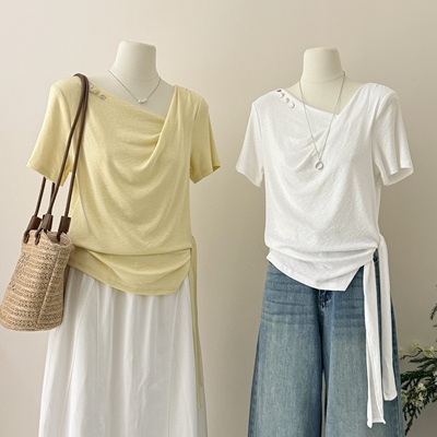 设计感不规则褶皱短袖T恤女2026夏季交叉收腰显瘦露肩上衣T恤衫