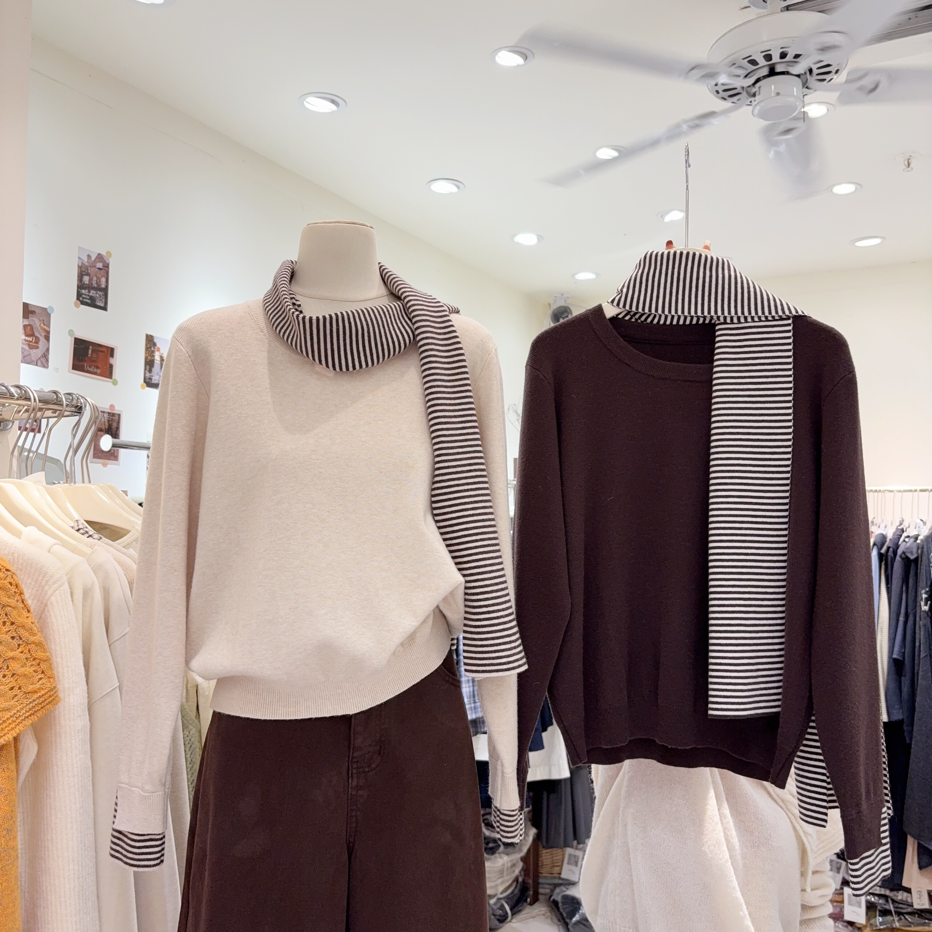 气质独特别致上衣 配条纹披肩针织衫女长袖宽松圆领套头毛衣撞色