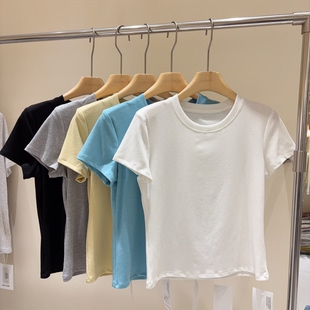 显瘦王炸!正肩修身纯色T恤衫女短袖小个子纯棉打底衫叠穿上衣女