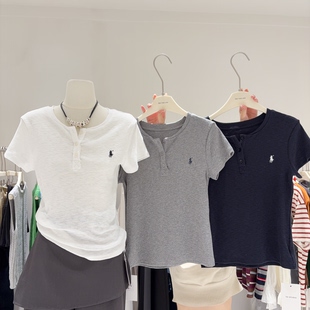 显瘦王炸！3粒纽扣开领T恤女修身短袖正肩小版上衣大弹力打底衫