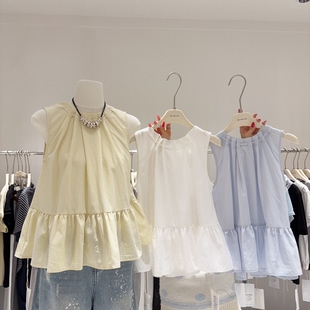 超好看！韩系别致无袖娃娃衫女减龄天丝棉衬衫女夏季无袖上衣背心