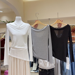 纯欲设计感不规则露肩长袖收腰显瘦莱塞尔T恤上衣女开叉小衫气质