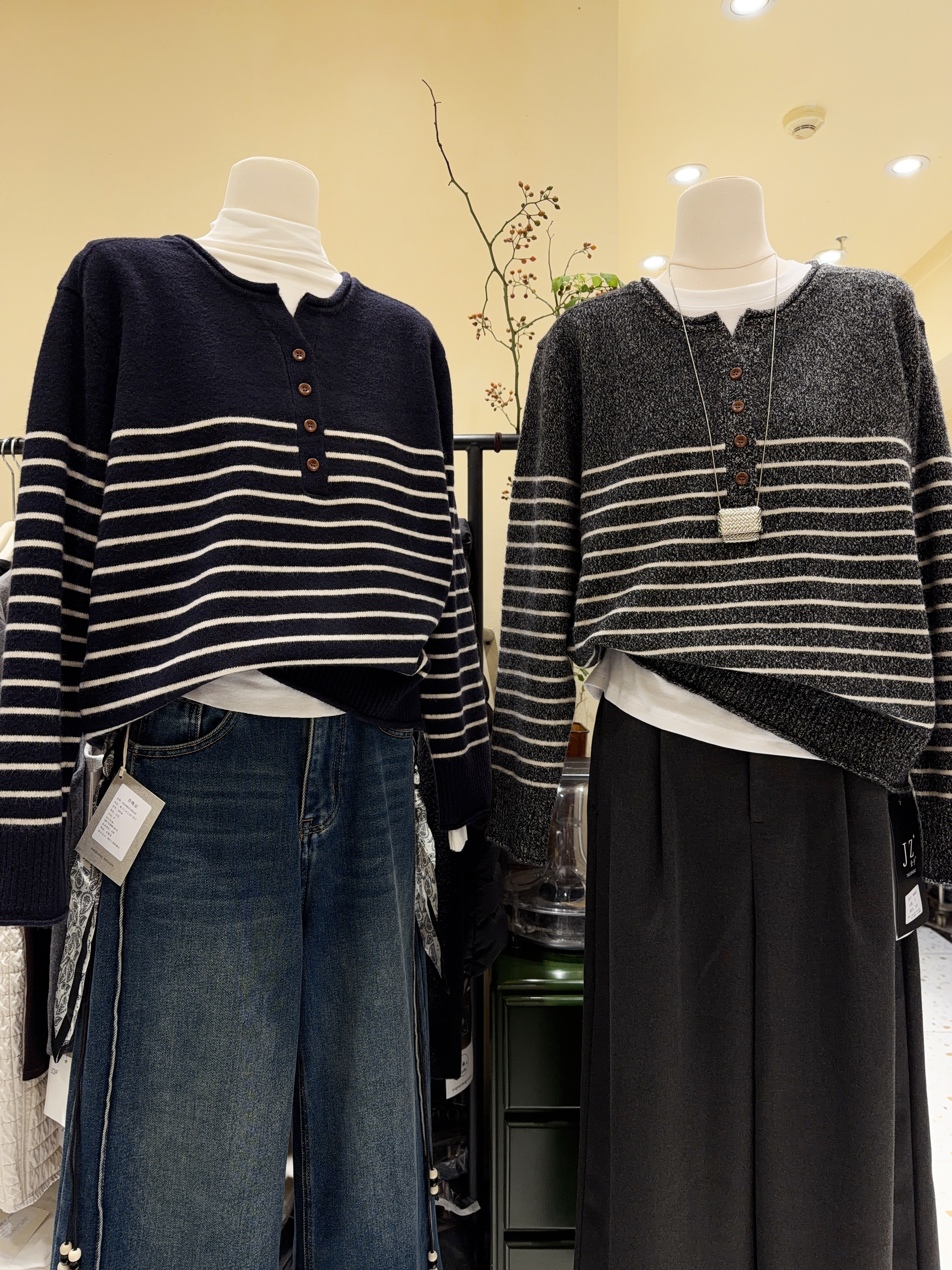 韩国东大门圆领条纹宽松纽扣毛衣外穿秋冬保暖厚实针织衫显瘦上衣