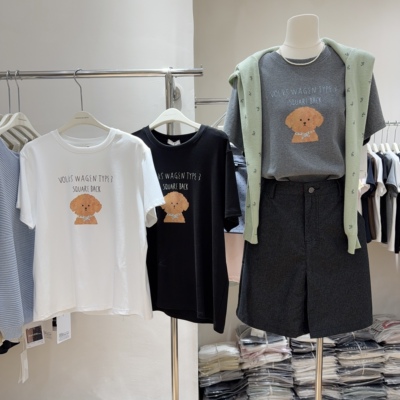 韩系百搭可爱小黄象印花圆领短袖T恤女卡通减龄正肩显瘦T恤纯棉