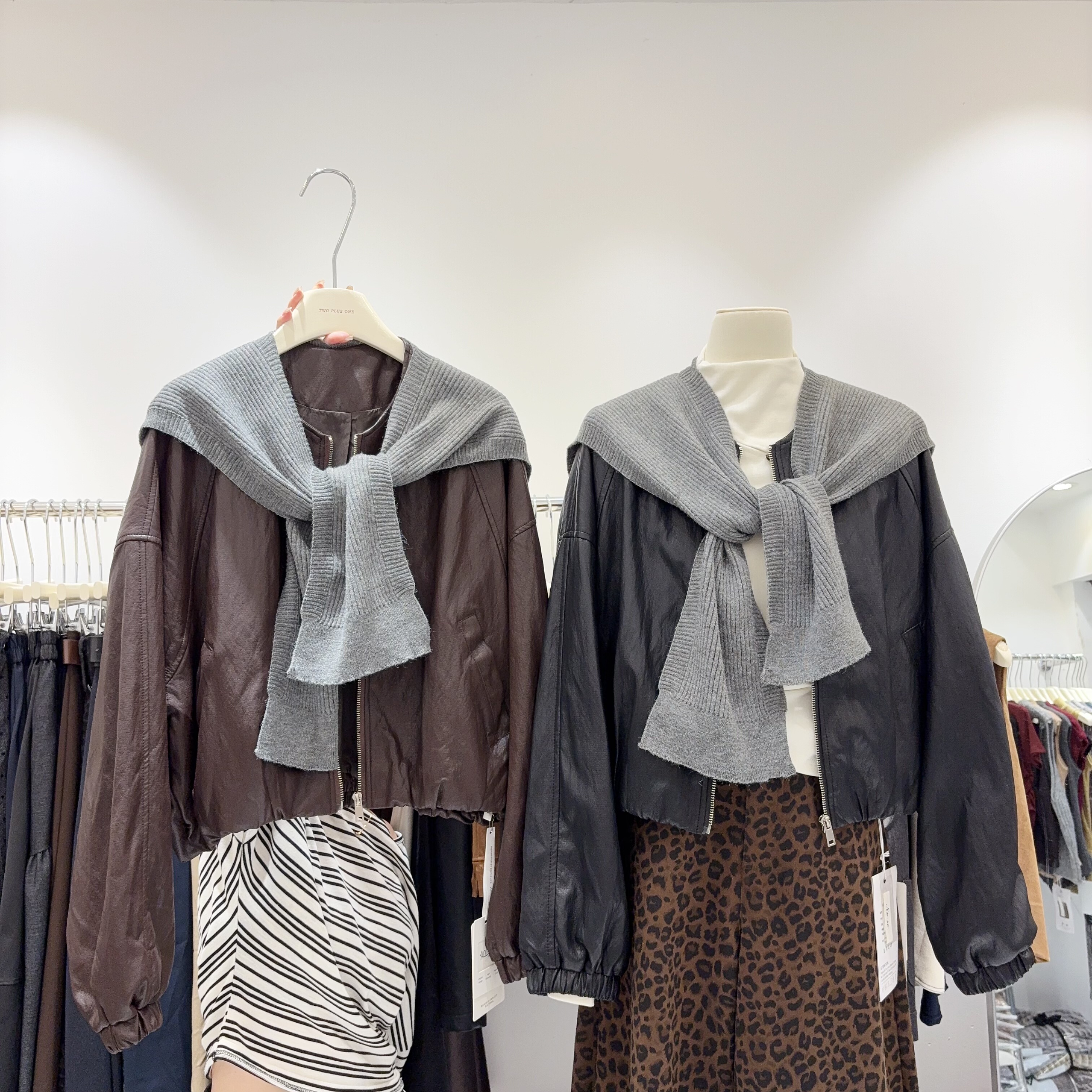 小个子PU皮衣短外套女环保蛋白皮夹克配针织披肩小众棒球服上衣