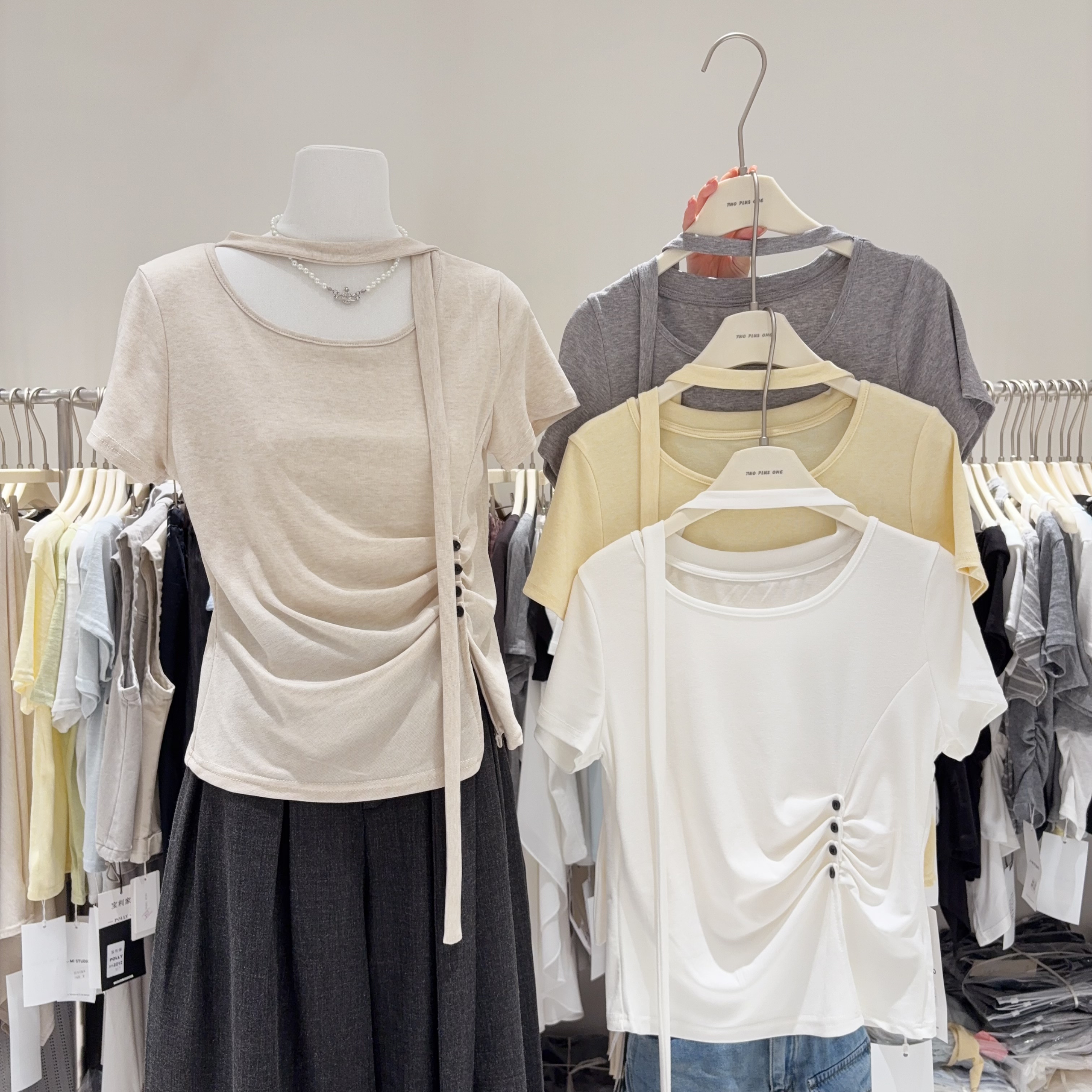 韩国东大门 圆领套头T恤女短袖褶皱收腰显瘦上衣飘带开叉T恤衫潮