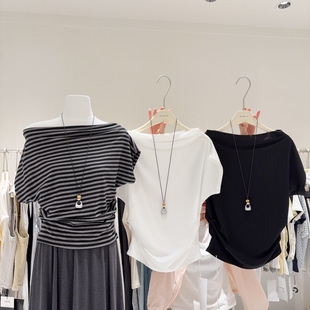 上衣弹力亲肤打底衫 自留莱塞尔棉一字肩条纹T恤女蝙蝠袖 高品质