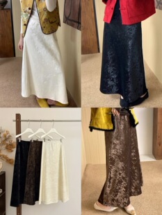 新中式国风搭配半身裙女高腰A字裙女长裙加绒金丝绒韩版裙子女