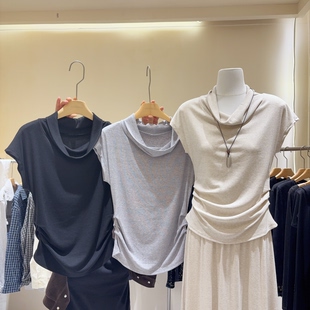 慵懒风气质荡领短袖T恤女夏季新品设计感褶皱收腰内搭上衣潮款