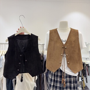 秋款老钱风复古百搭仿鹿皮绒马甲背心女小外套显瘦无袖坎肩上衣女