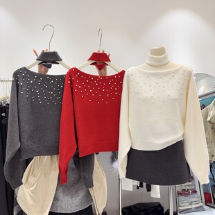 新年精致款毛衣！重工钉珠针织衫女亲肤一字肩毛衣挂脖上衣减龄