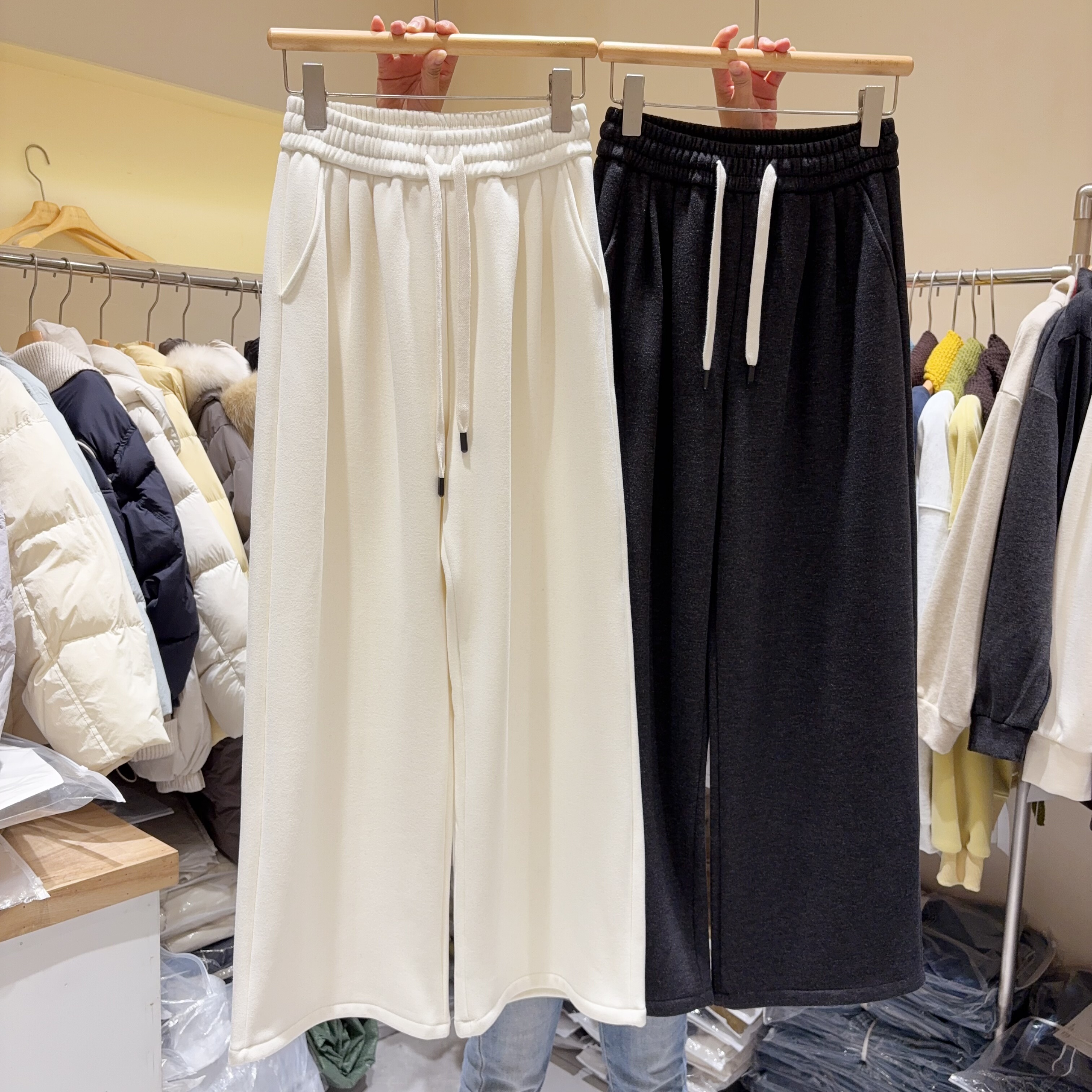 韩国东大门 松紧腰抽绳阔腿裤女长裤加绒加厚直筒裤休闲裤子显瘦