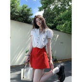 2025夏甜美辣妹显瘦A字短裙自制设计感蝴蝶结红色半身裙女