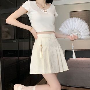 2025春夏新中式国风提花马面裙短款半身裙高腰显瘦百褶裙大码短裙