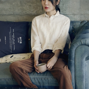 新文艺复古100%纯棉宽松细条纹上衣全棉圆领衬衫杏白色衬衣女长袖