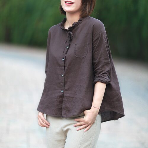 苎麻棉麻文艺荷叶领文艺边衬衫