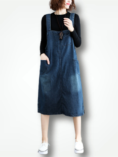 清仓春文艺复古宽松大码 吊带中长裙百搭牛仔背带裙显瘦减龄连衣裙