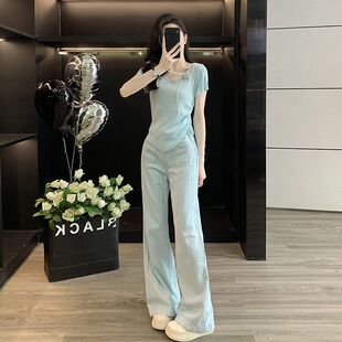 甜美温柔系上衣阔腿裤 蓝色休闲运动套装 时尚 女夏季 两件套 2025新款