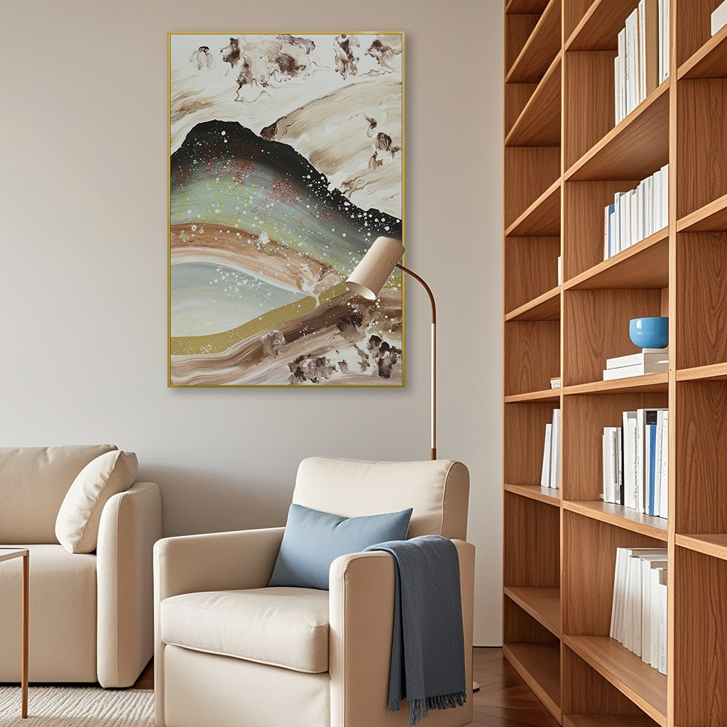 现代轻奢新中式入户玄关装饰画高档抽象线条山脉客厅壁画餐厅挂画图片