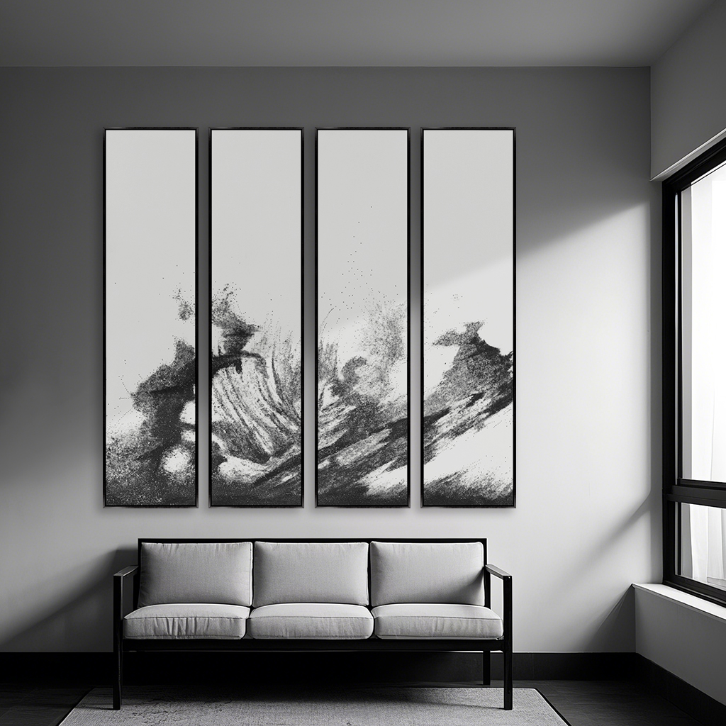 新中式四拼抽象水墨装饰画现代轻奢走廊过道背景墙大幅组合挂画图片