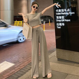 ins时尚休闲两件套女2026夏韩版宽松泫雅短款T恤直筒阔腿长裤套装