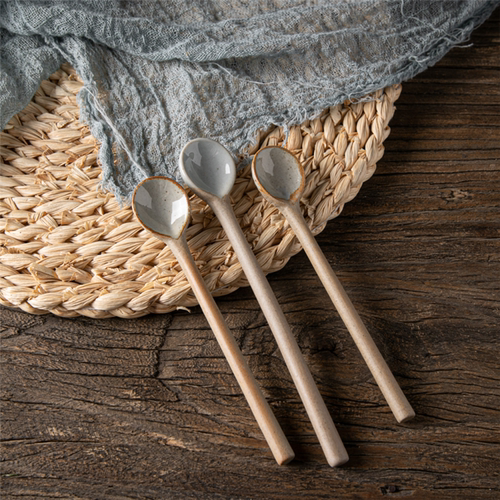 记墨粗陶咖啡勺长柄陶瓷奶茶勺甜品勺调味小勺创意搅拌个性小勺子