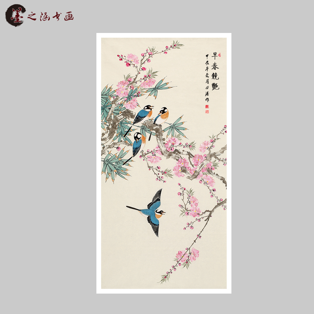 桃花四喜早春竞艳国画微喷装饰画