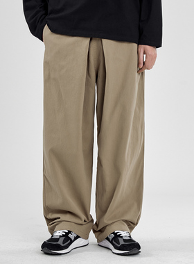 秋季新款日系复古阔腿工装裤男潮街头纯色宽松直筒坠感百搭休闲裤