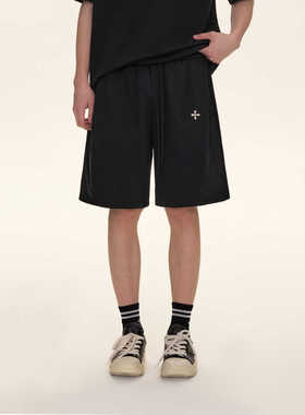 夏季新款十字架刺绣标纯棉短裤男美式重磅直筒宽松休闲五分裤子潮