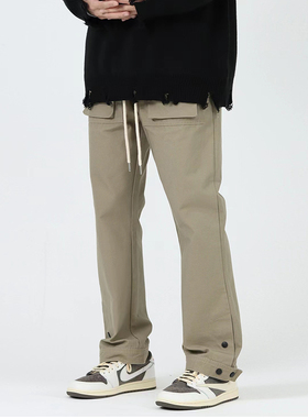 秋季新款裤脚纽扣工装裤口袋休闲直筒长裤高街vibe风微喇裤子男女