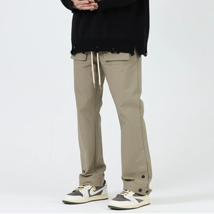 新款 高街vibe风微喇裤 裤 口袋休闲直筒长裤 子男女 脚纽扣工装 秋季
