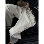 男380g碳磨赛络纺斜立体剪裁宽松直筒水洗休闲裤 杏色重磅工装 裤