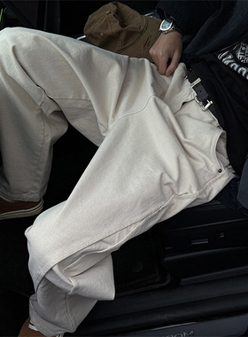 杏色重磅工装裤男380g碳磨赛络纺斜立体剪裁宽松直筒水洗休闲裤