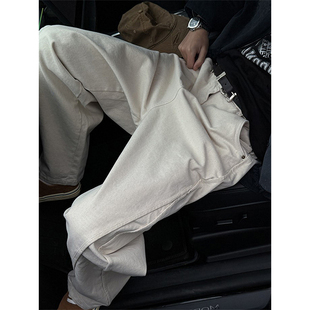 男380g碳磨赛络纺斜立体剪裁宽松直筒水洗休闲裤 杏色重磅工装 裤