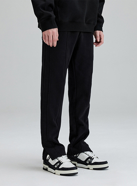 秋季中线拼接侧开衩重磅纯棉休闲百搭卫裤男美式高街运动直筒裤潮