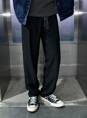 秋季款休闲裤男韩版阔腿裤潮流长裤坠感西裤直筒宽松黑色拖地裤子