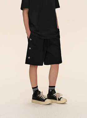 十字架刺绣重磅纯棉短裤男夏季潮牌直筒宽松休闲五分裤子情侣中裤