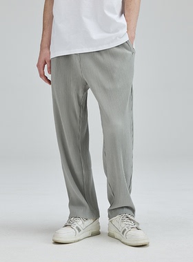 秋季纯色舒适纹理感褶皱百搭休闲长裤垂坠感宽松直筒松紧腰西裤男