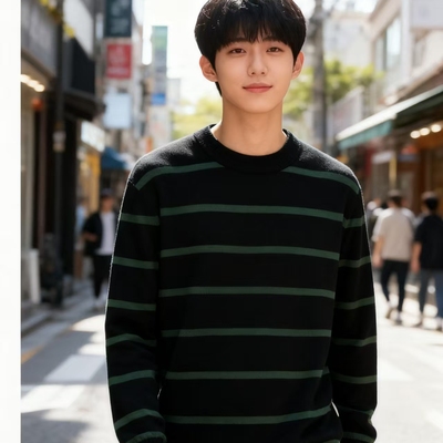 秋冬纯棉男条纹圆领长袖打底衫