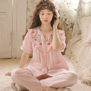 套装 春夏新品 长裤 纯棉女纱棉睡衣薄款 家居服全棉甜美刺绣可爱 短袖