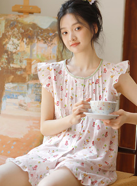 夏季纯棉双层纱碎花家居服套装女