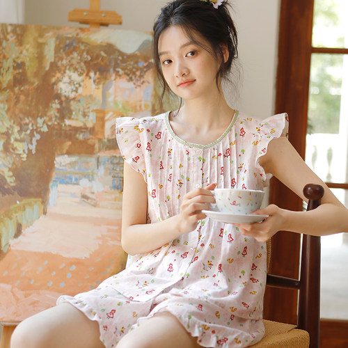 夏季纯棉双层纱碎花家居服套装女